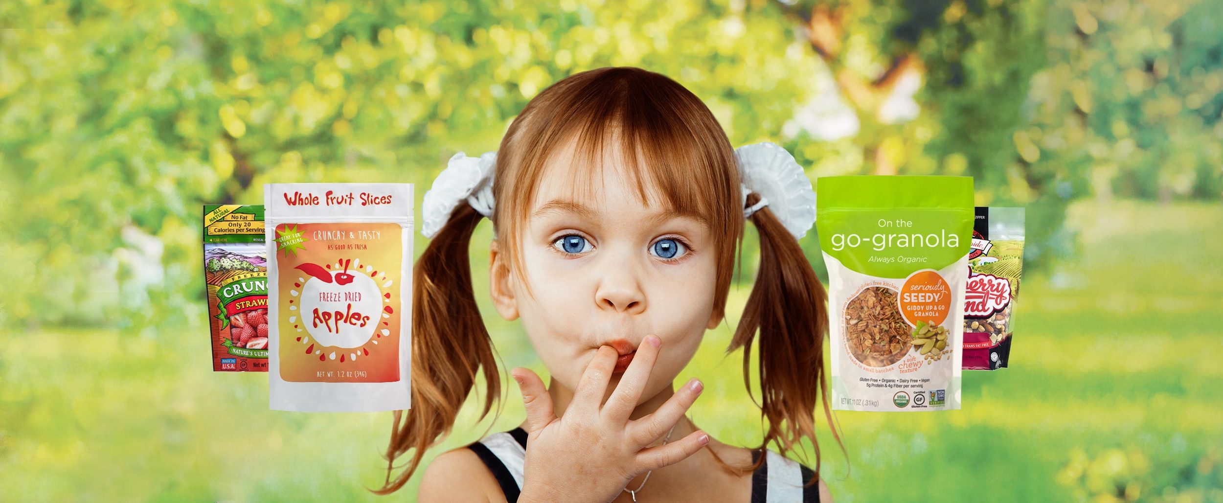 Young girl licking her finger while product packaging are showing next to her head