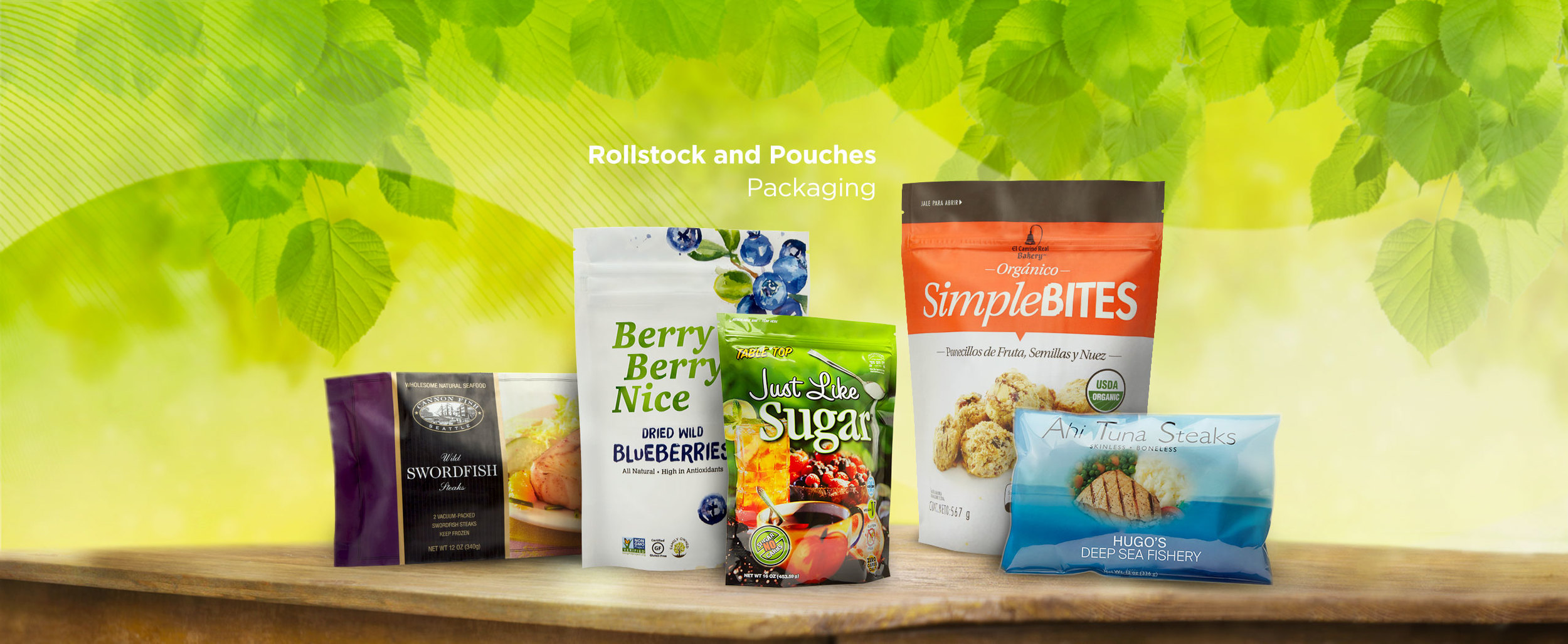 Selection of different product packages on bright green background reading "Rollstock and Puches Packaging"