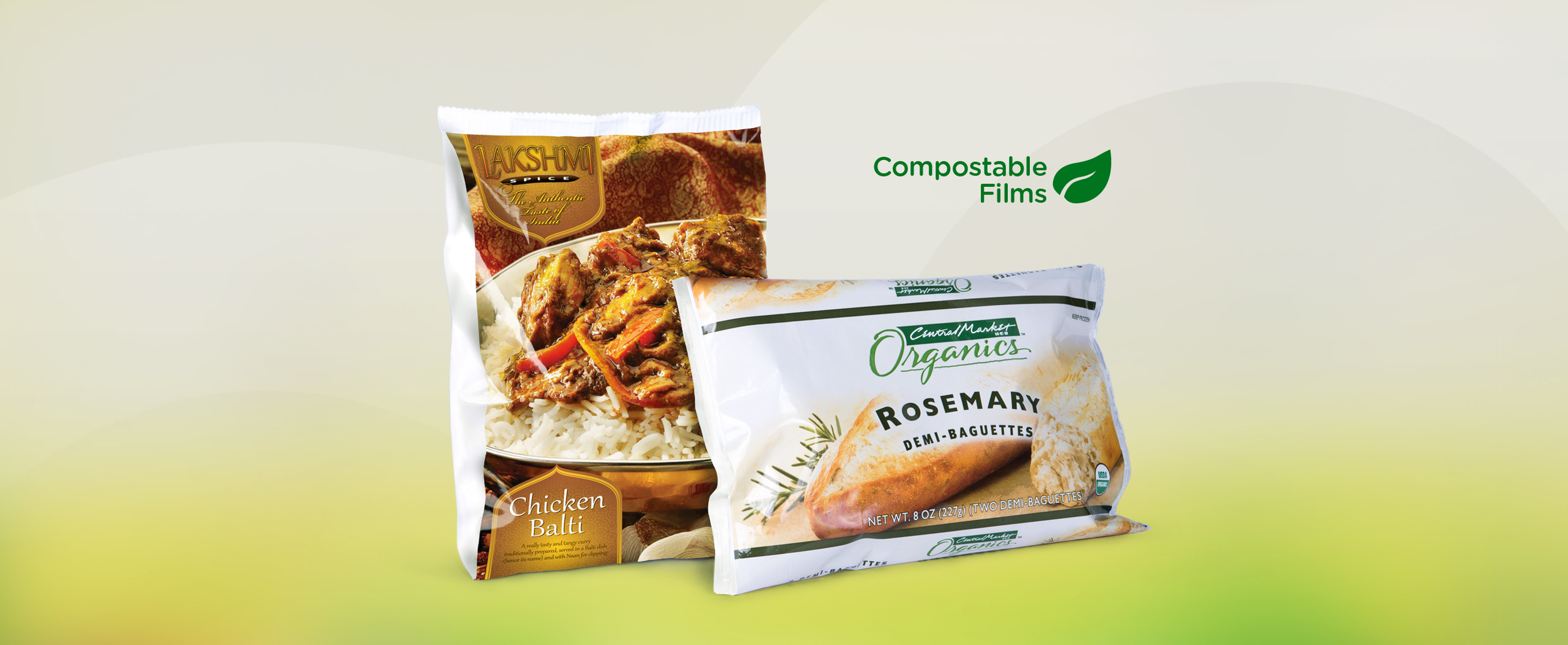 Package of Chicken Balti and Rosemary Demi-Baguettes products with caption reading "Compostable Films"