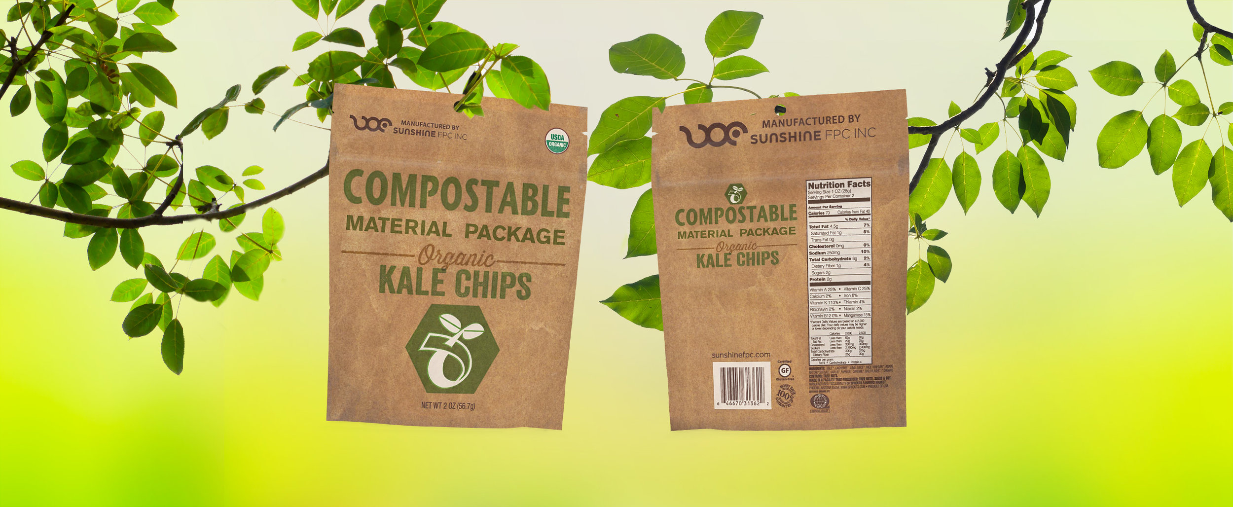 Back and front image of Organic Kale Chips in Compostable Matterial Package