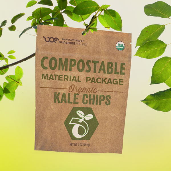 Package of Organic Kale Chips in compostable packaging