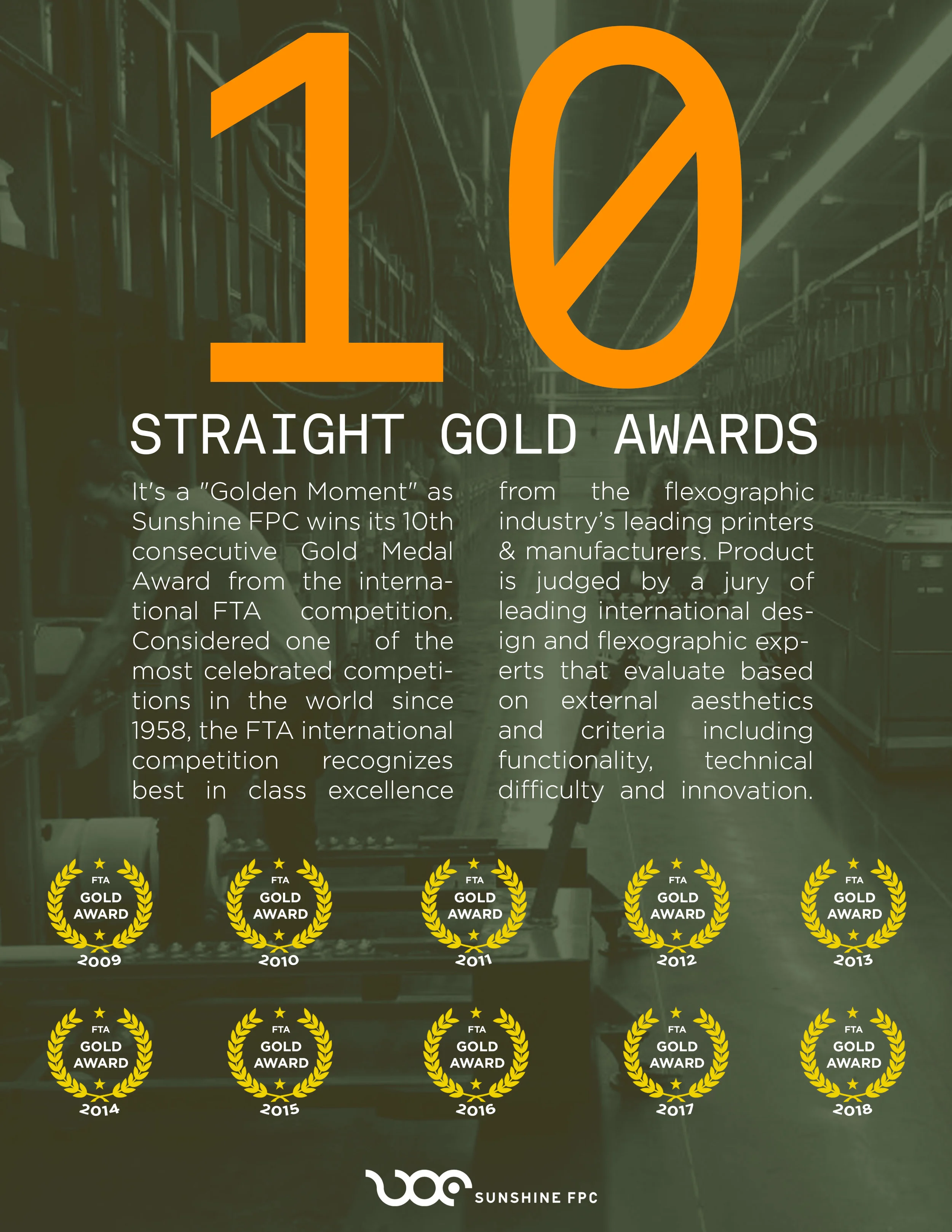 Graphic saying "10 Straight Gold Awards" with badges showing awards between 2009 till 2018