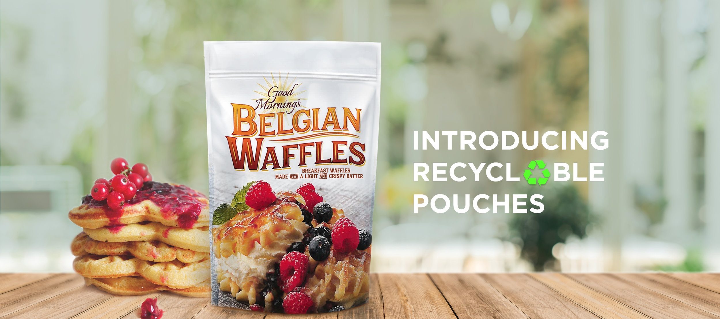Image of Belgina Waffle packaging readying "Introducing Recyclable Puches"