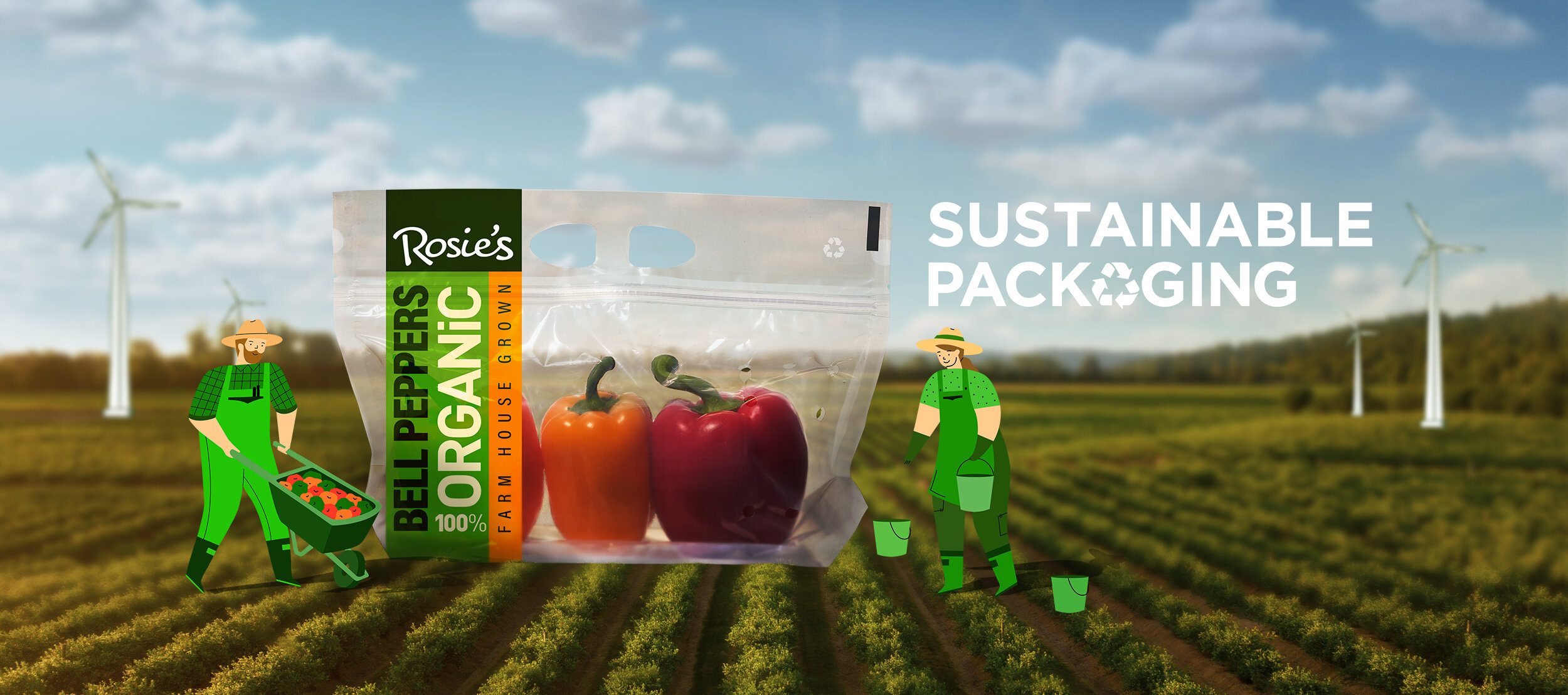 Package of Rosie's Organic Bell peppres product with caption reading "Sustainable Packaging". Package is placed on the farm field dropdown with couple illustrated farmers characters next to it. 