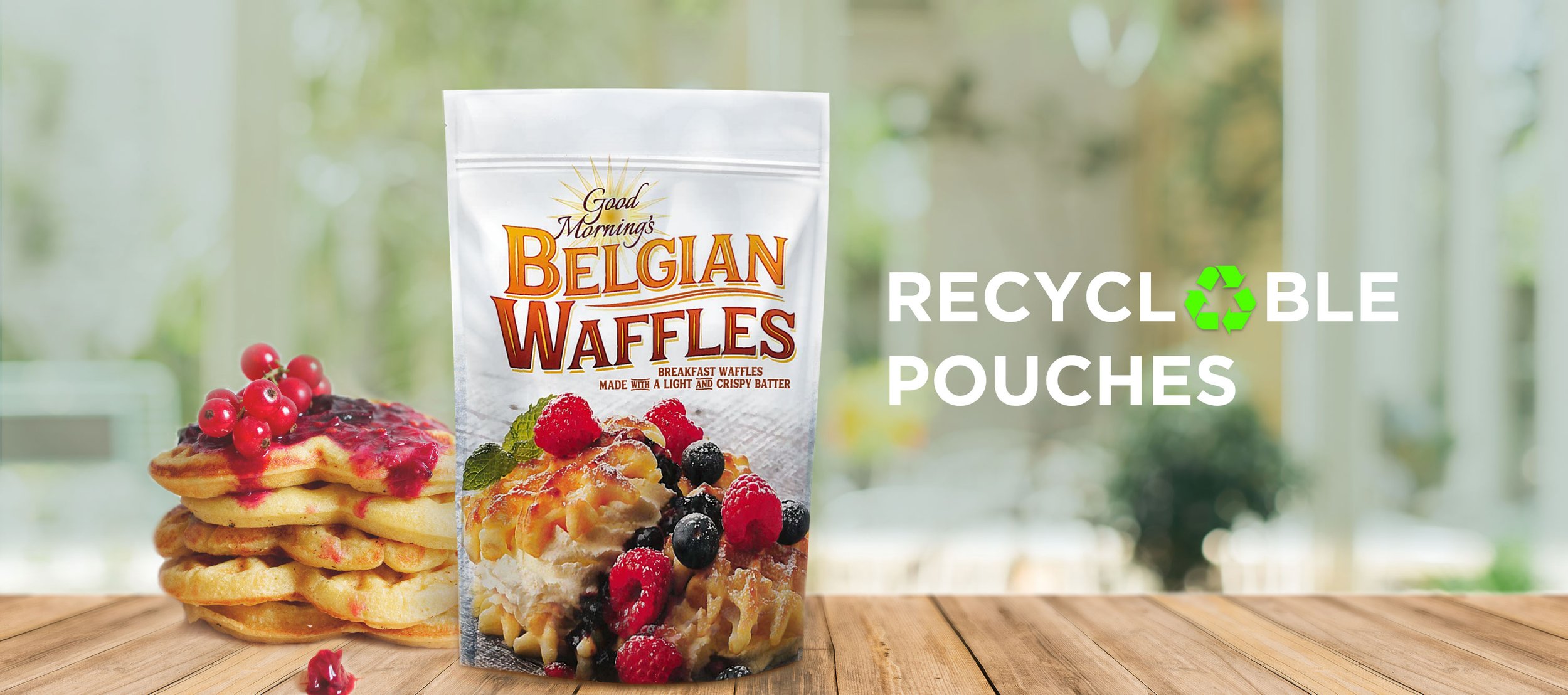 Package of Belgian Waffles with image of stack of waffles next to it. Caption reading "Recyclable Pouches"