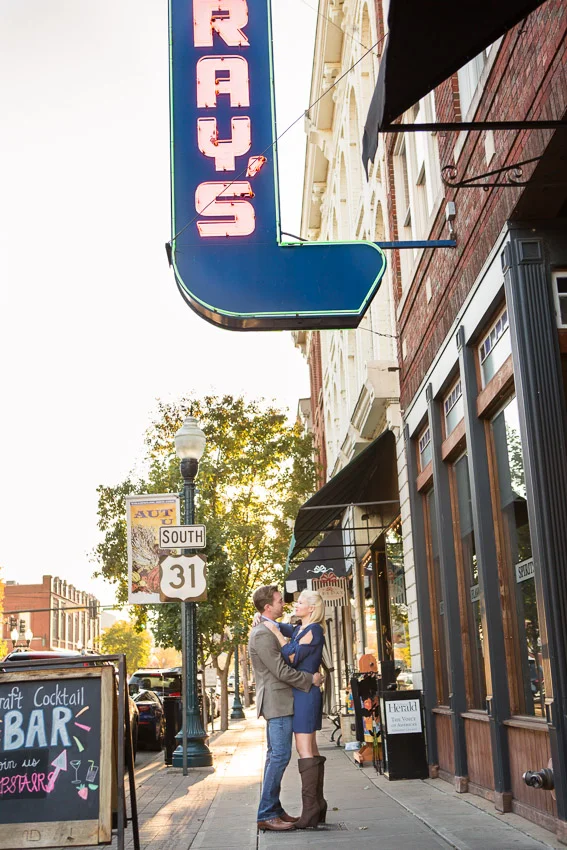 Downtown Franklin has so much character for engagement photos. We love the main street area with all the colors and textures and the sun sets so beautifully at the end of the street.