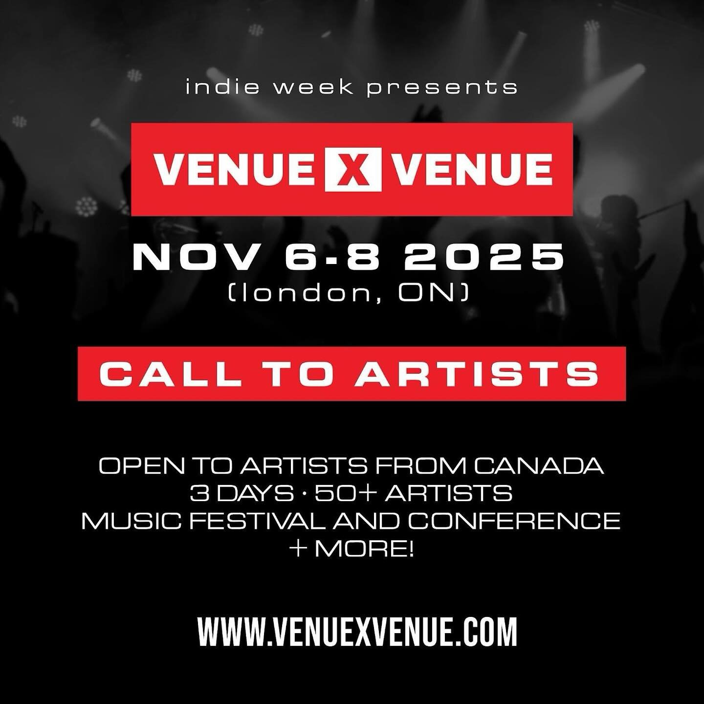 @venuexvenue is now open to artists across Canada: the festival takes place NOV 6&ndash;8 in London, ON.

This is a great opportunity for your members to:

&gt;Perform in front of new fans and a music-loving audience
&gt;Gain valuable exposure and bu