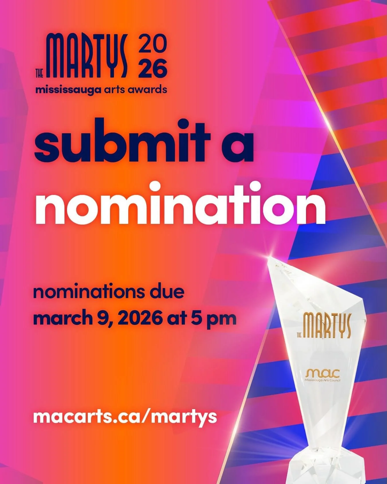 Mississauga artists, get ready! Nominations are now OPEN for the 31st annual Mississauga Arts Awards (MARTYS)!

The MARTYS are the @mississauga.arts&rsquo;s annual awards celebration, recognizing the outstanding contributions of both individual artis