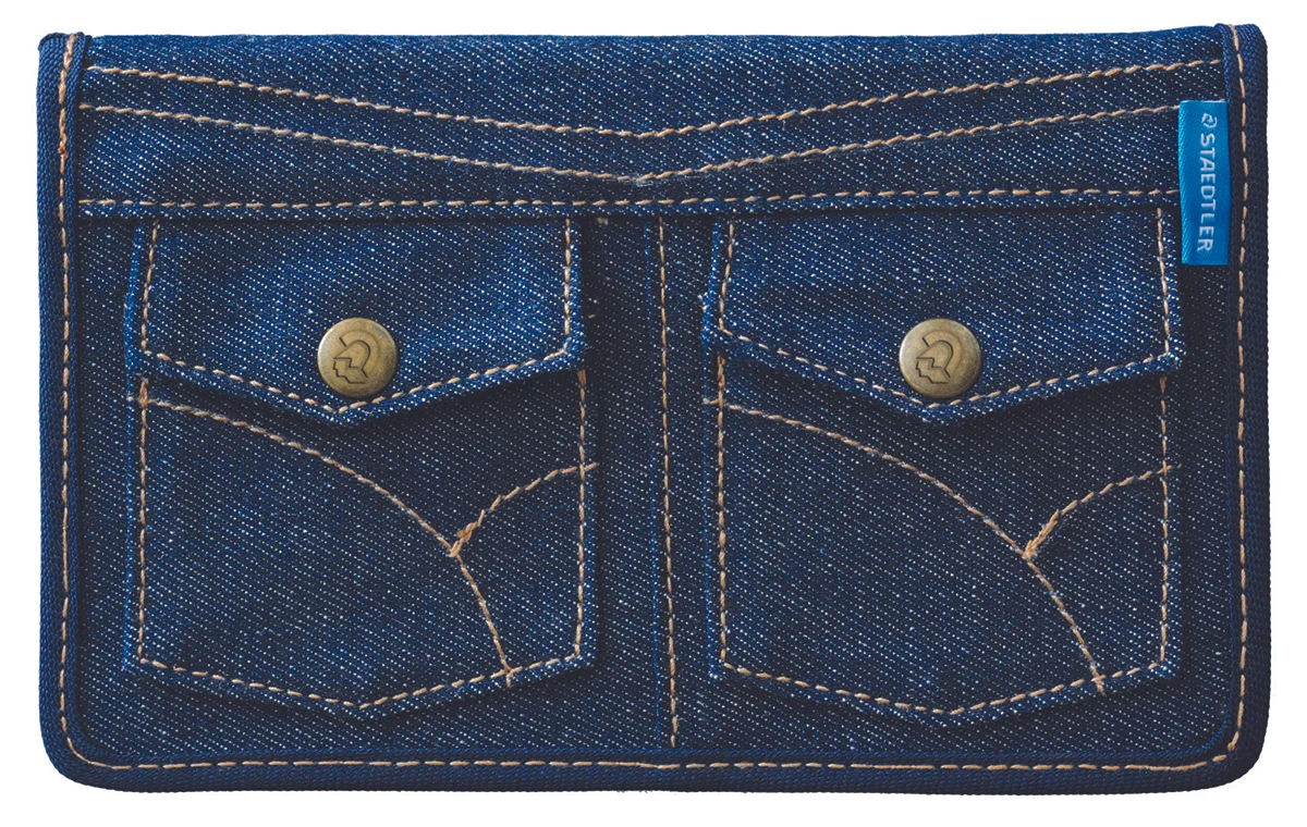 The Staedtler triplus fineliner 20 pen set comes in this denim pouch.