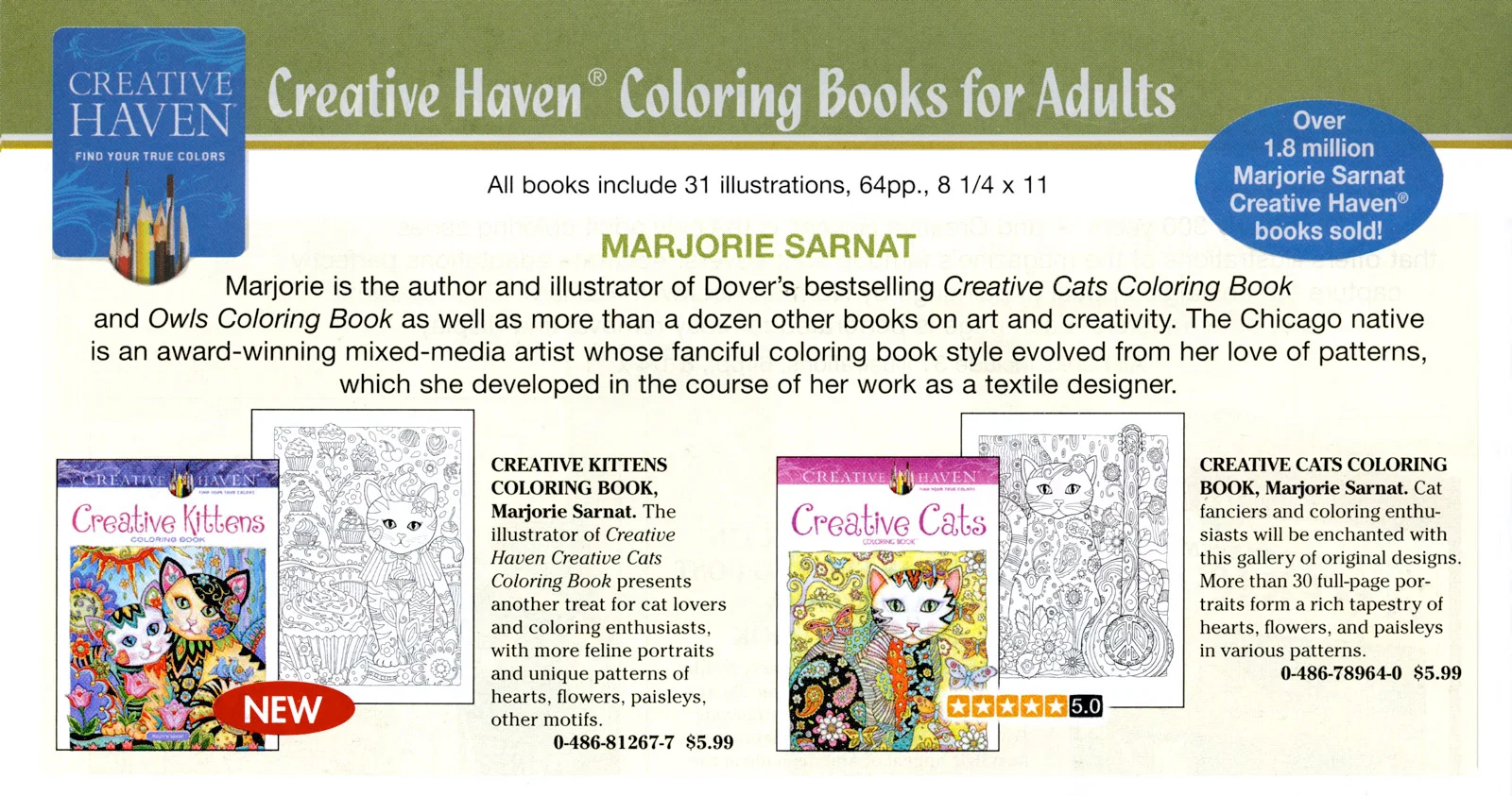 Dover "New Book" catalog, page 20, features Marjorie Sarnat.
