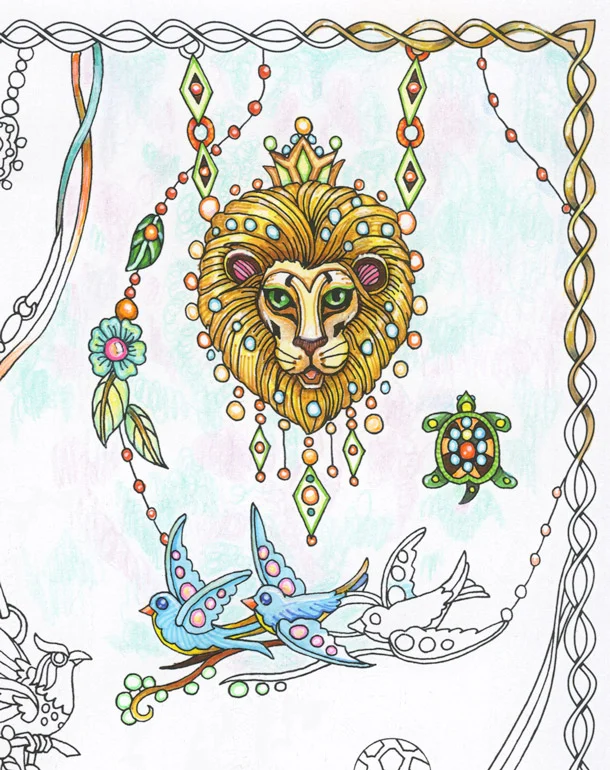TRIPLUS FINELINERS LAYERED WITH COLORED PENCILS AND WHITE HIGHLIGHTS WITH GEL PEN. Detail from Fanciful Fashions by Marjorie Sarnat