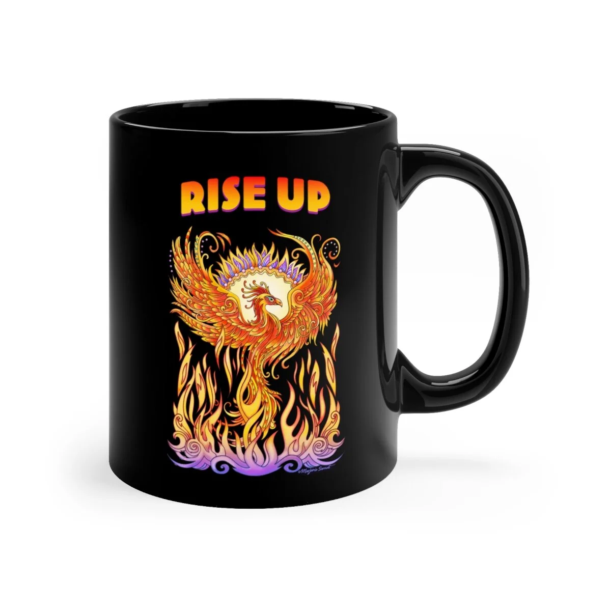 Mug, black, phoenix rising from flames with words Rise Up