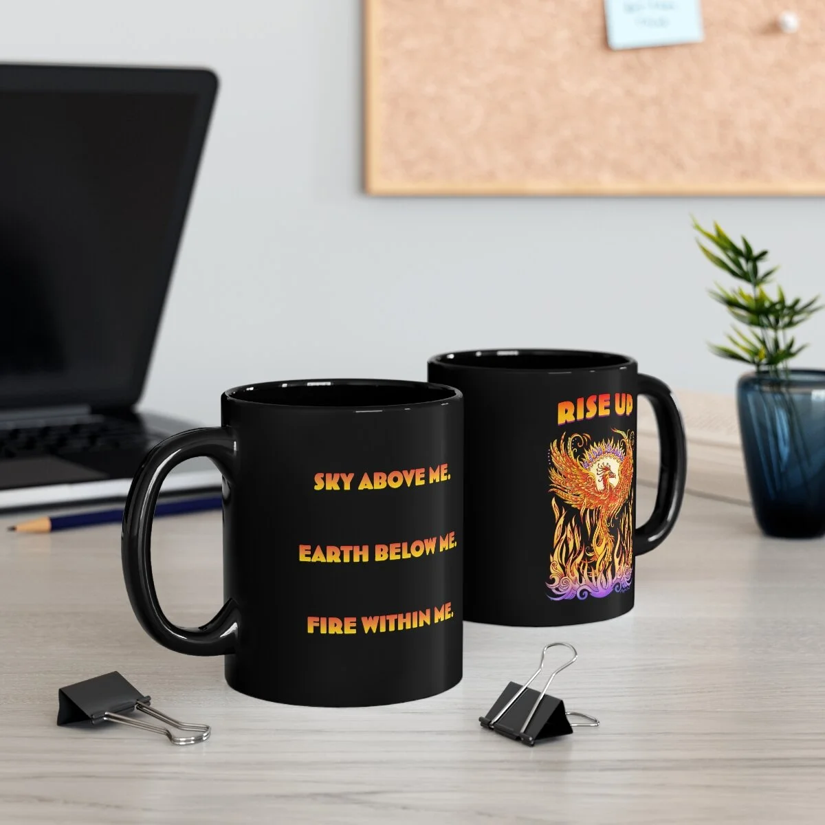 Mug, black, phoenix rising from flames with words Rise Up and quote on back
