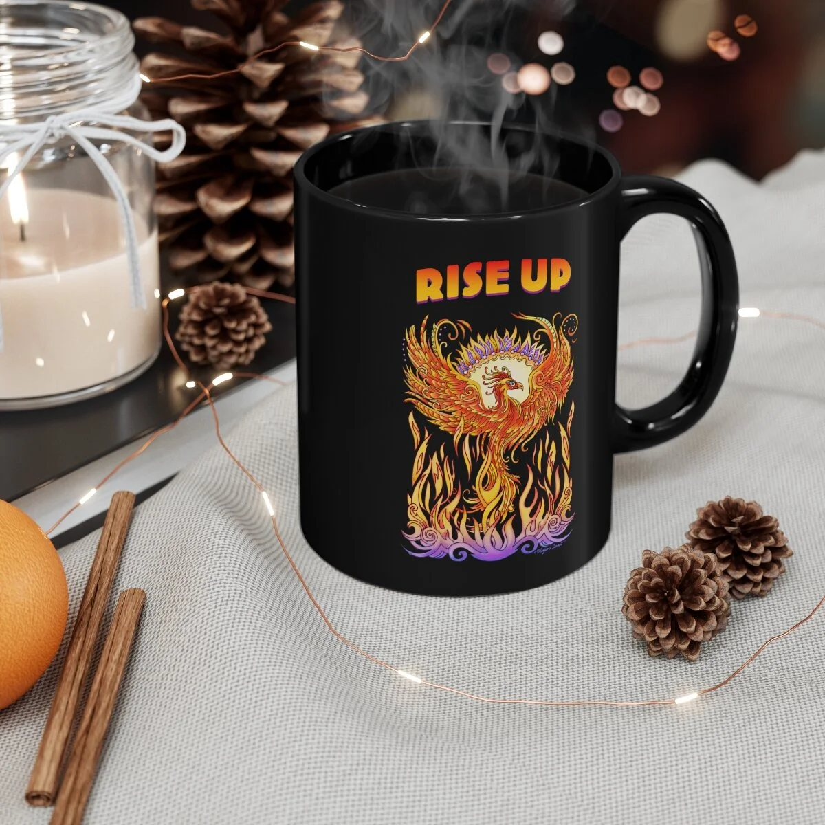 Mug, black, phoenix rising from flames with words Rise Up