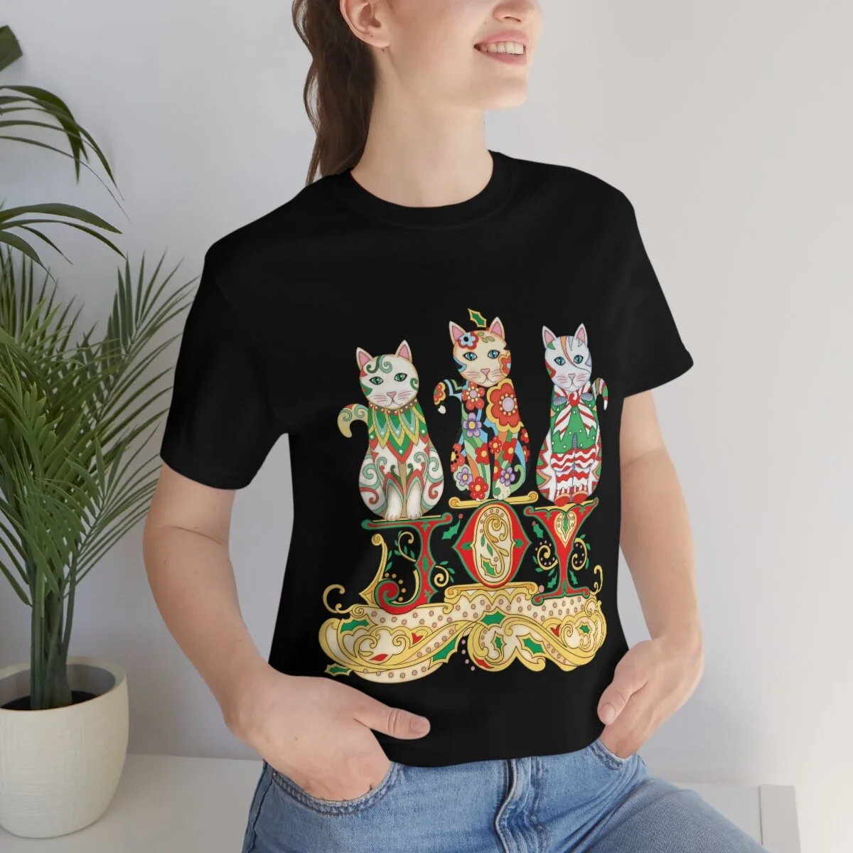 "JOY," Christmas Cats Bring on the Season – Unisex Jersey Short Sleeve Tee