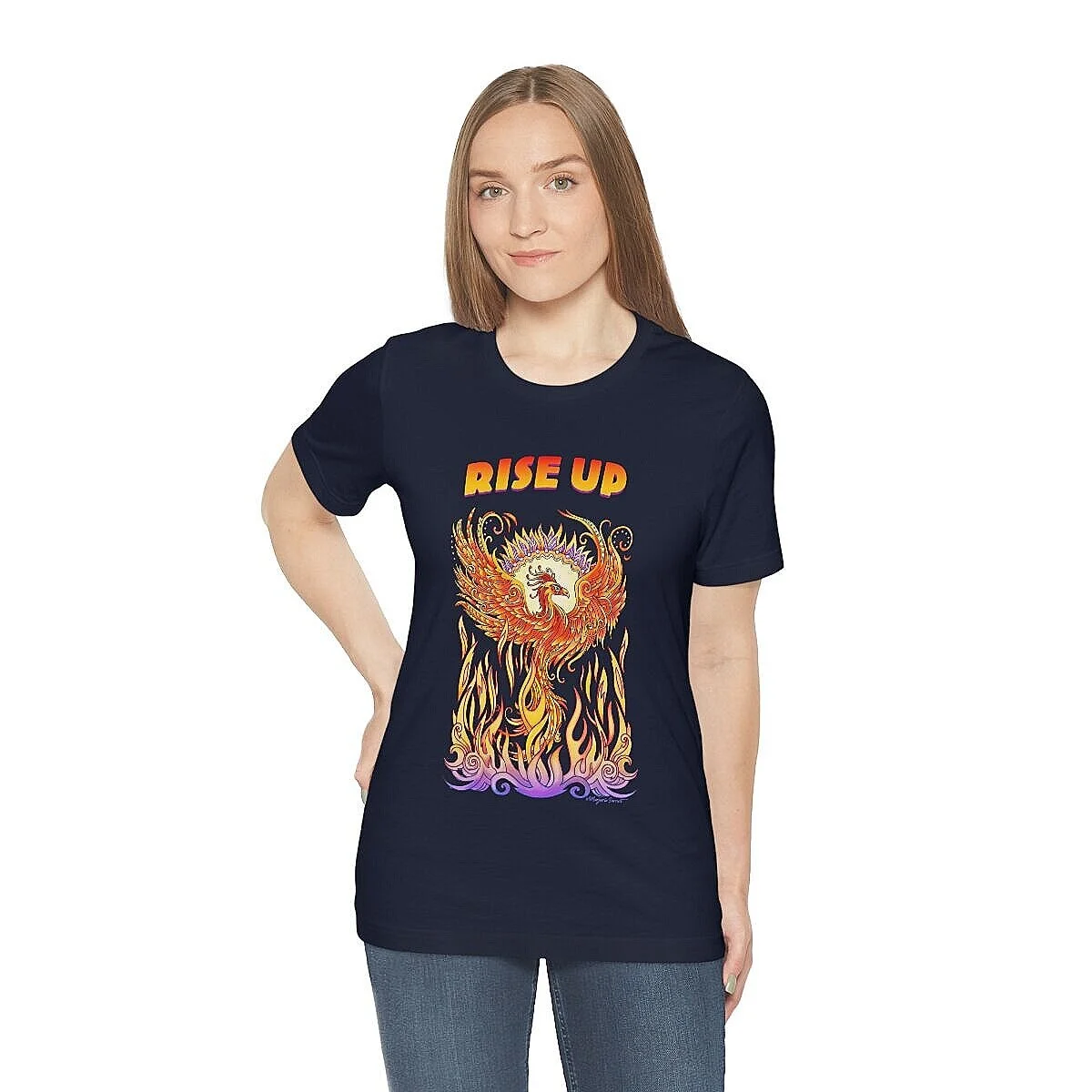 Black t-shirt, phoenix rising from flames with words, Rise Up