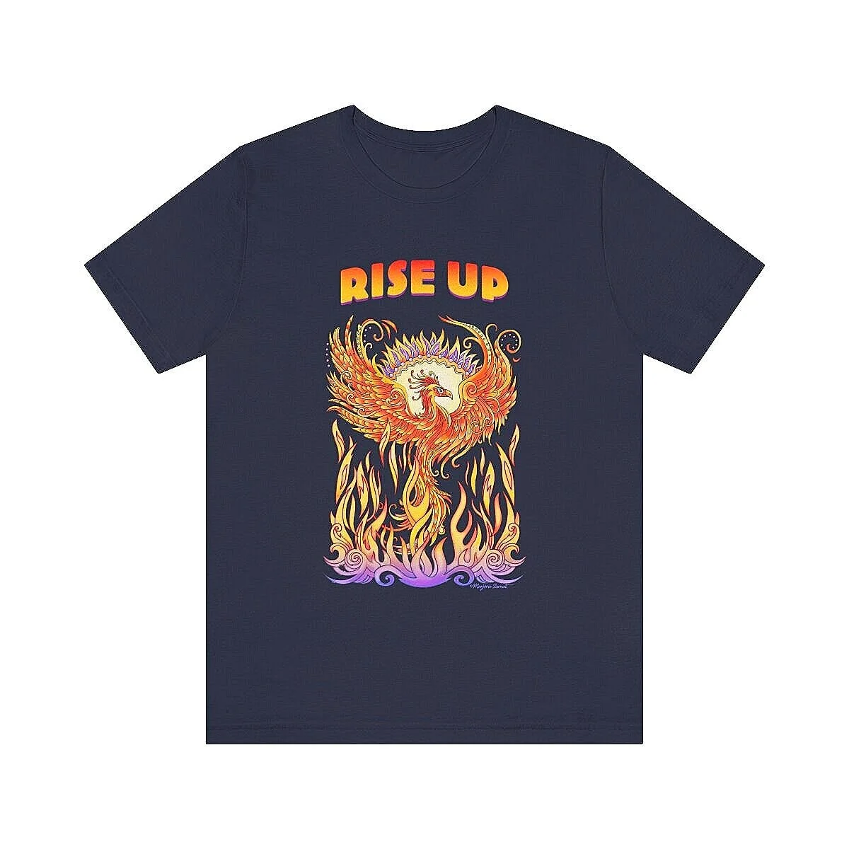 Black t-shirt, phoenix rising from flames with words, Rise Up