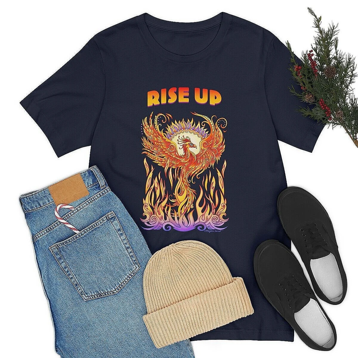 Black t-shirt, phoenix rising from flames with words, Rise Up