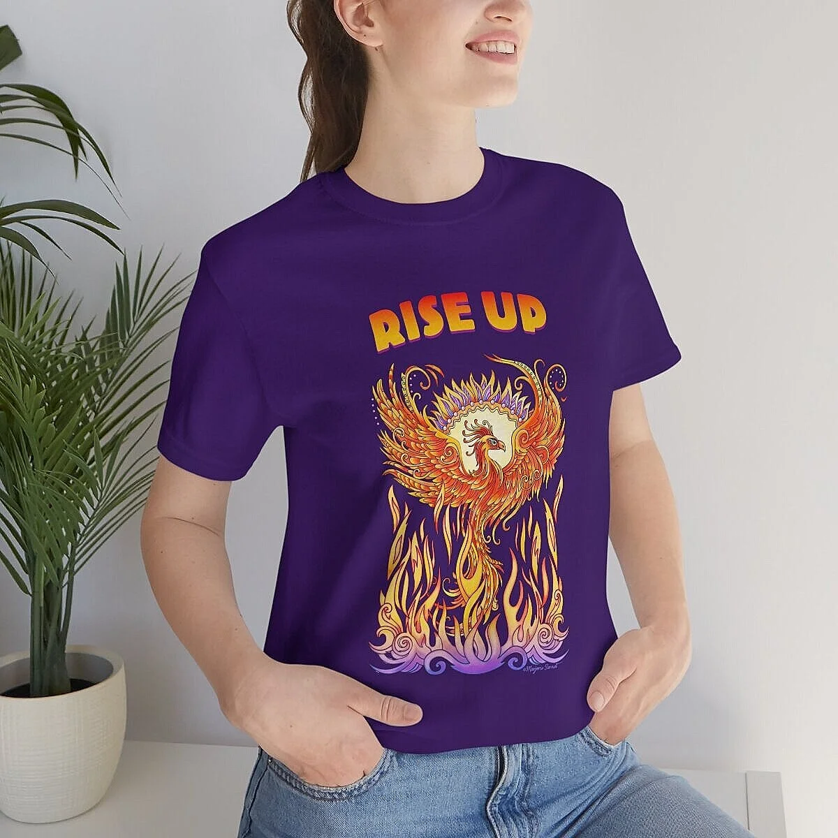 Purple t-shirt, phoenix rising from flames with words, Rise Up