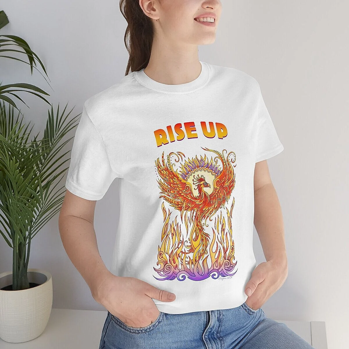 White t-shirt, phoenix rising from flames with words, Rise Up
