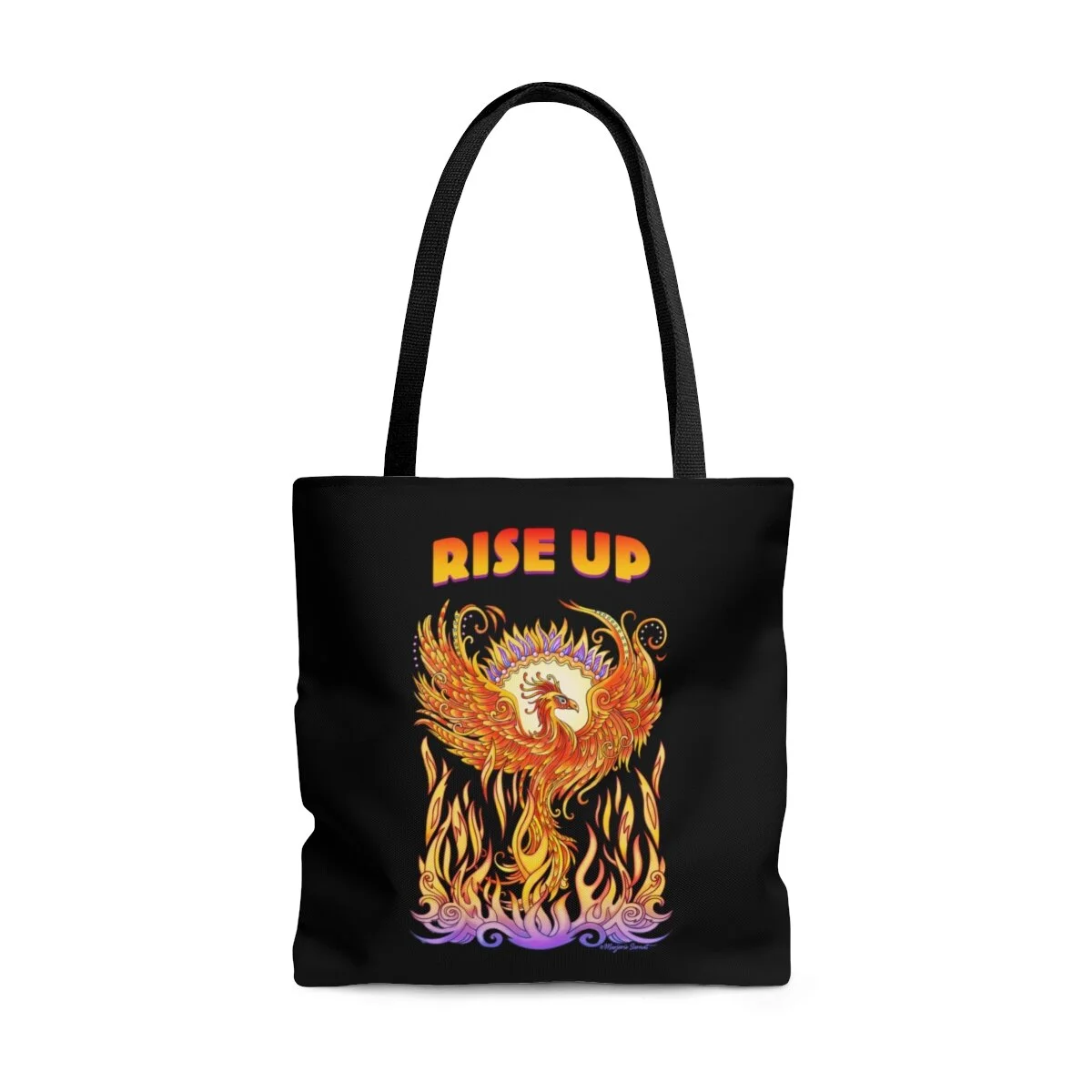Tote bag, black, phoenix rising from flames with words Rise Up
