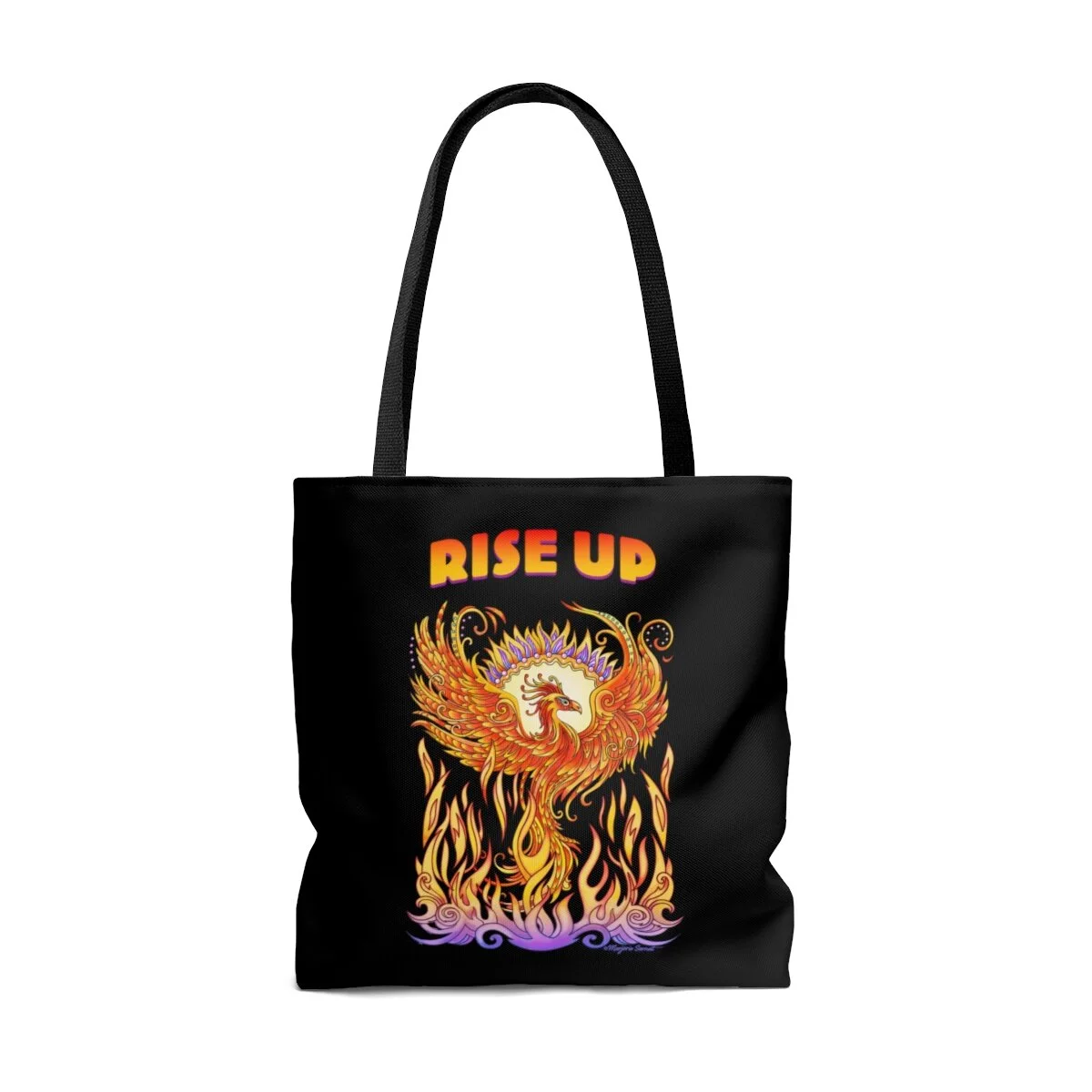 Tote bag, black, phoenix rising from flames with words Rise Up