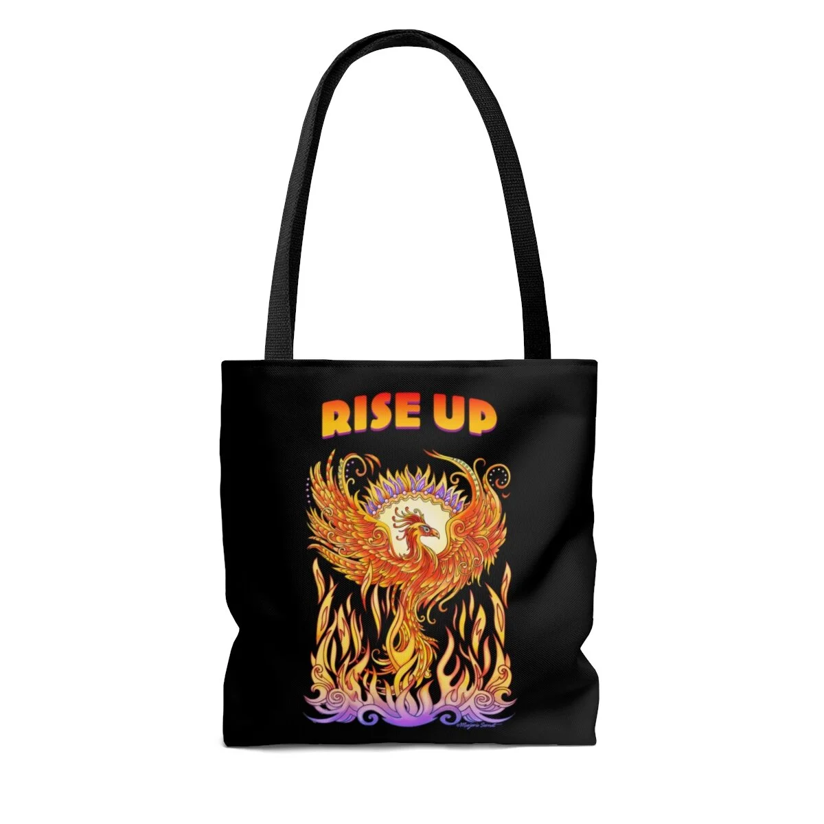 Tote bag, black, phoenix rising from flames with words Rise Up