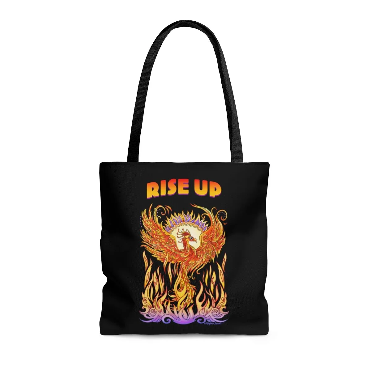Tote bag, black, phoenix rising from flames with words Rise Up