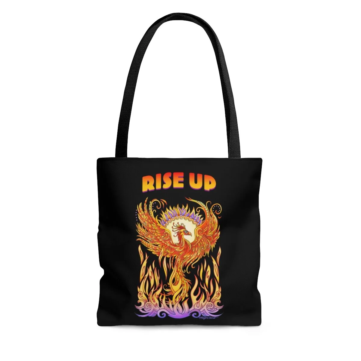 Tote bag, black, phoenix rising from flames with words Rise Up
