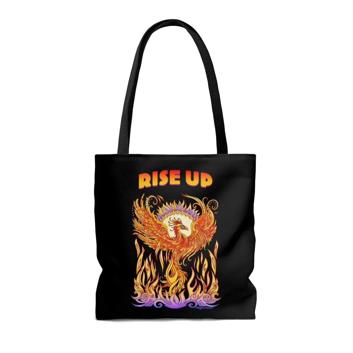 Tote bag, black, phoenix rising from flames with words Rise Up