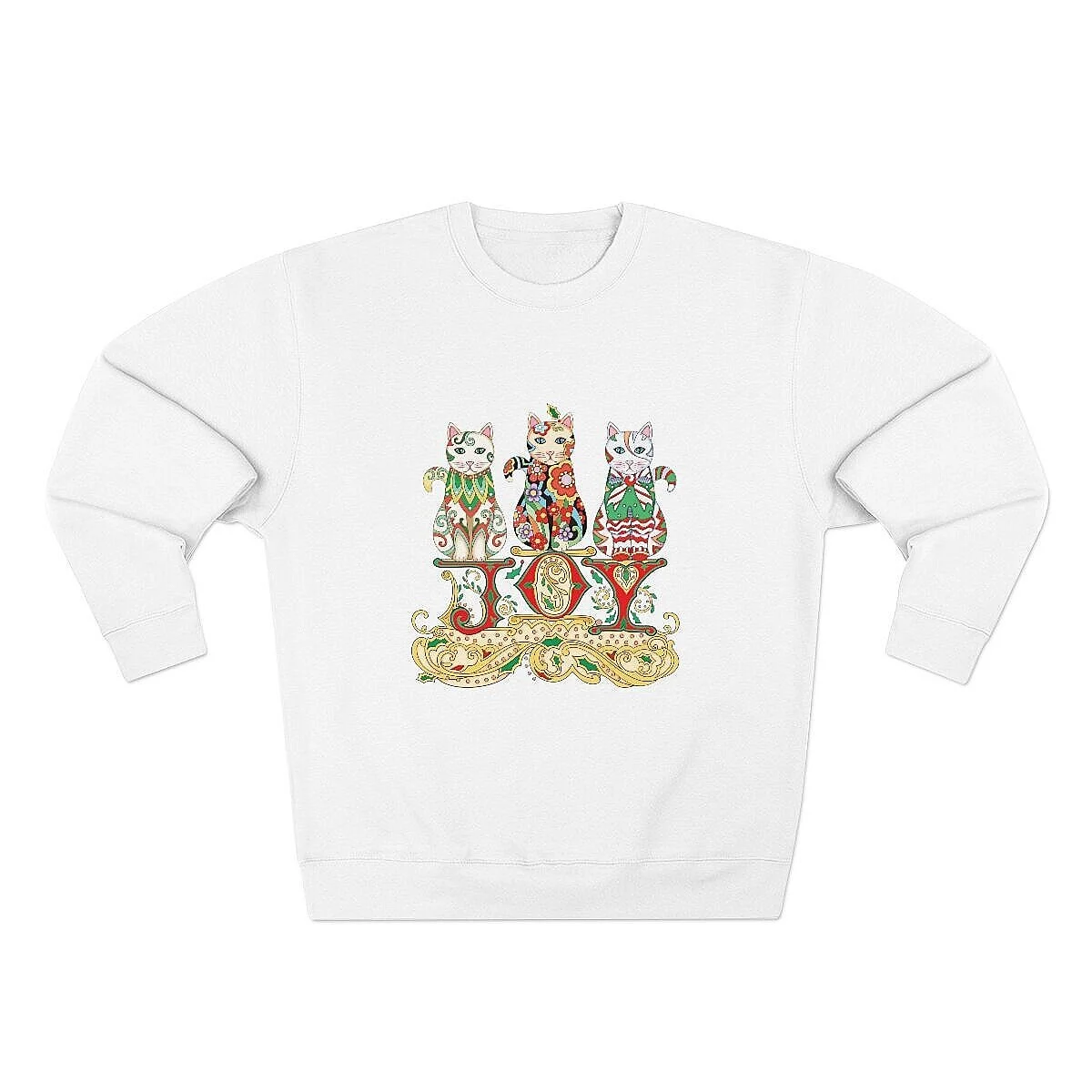 White sweatshirt, JOY wording with three Christmas cats
