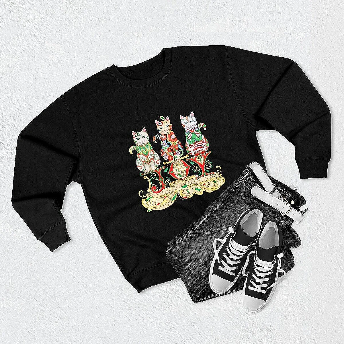 Black sweatshirt, JOY wording with three Christmas cats