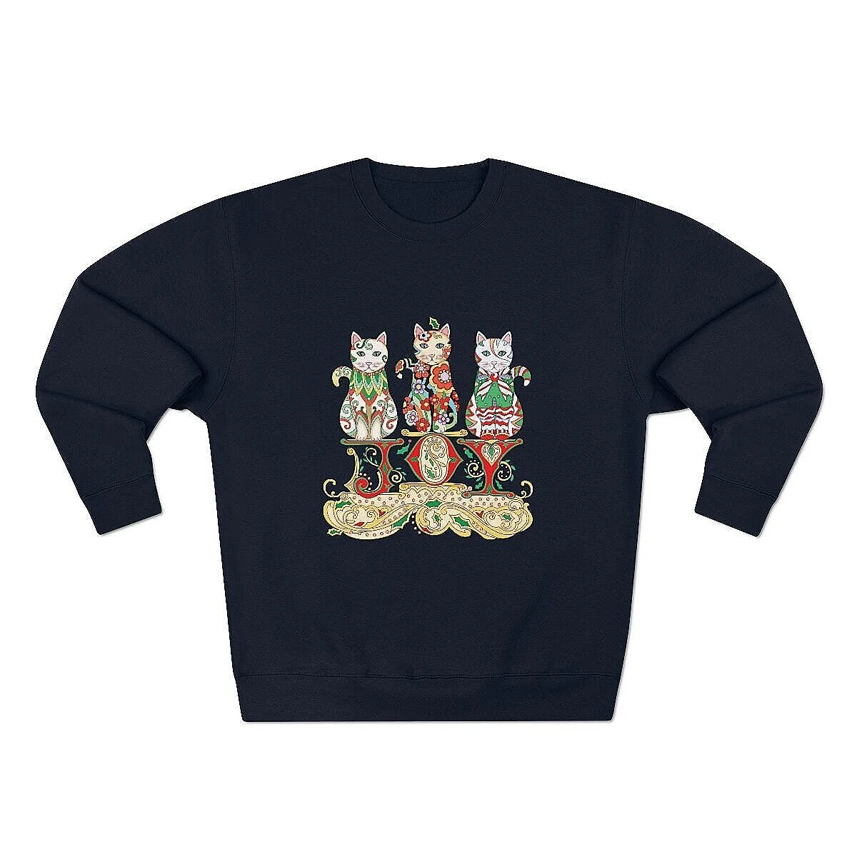 Navy sweatshirt, JOY wording with three Christmas cats