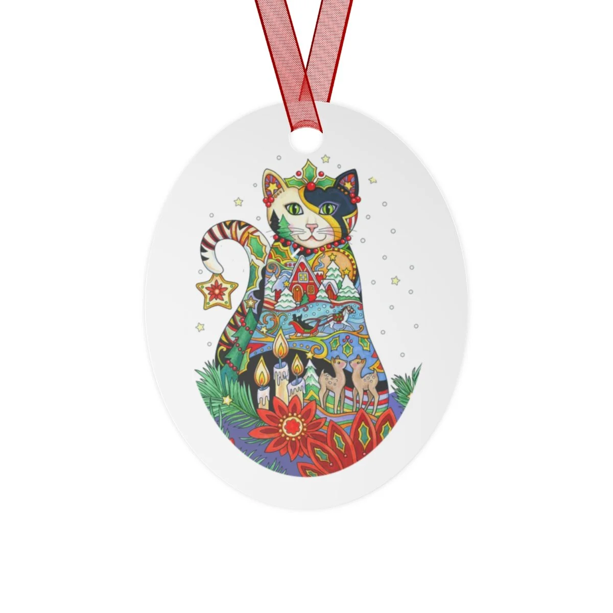 Ornament, oval shape, Christmas Cat on front side
