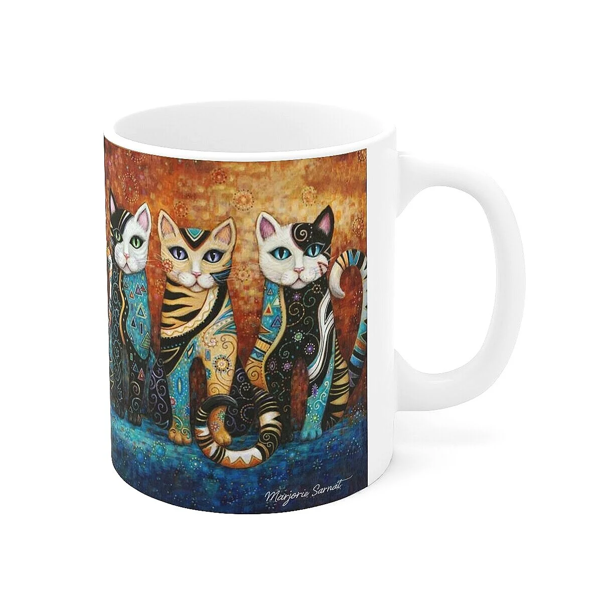 Decorative Klimt-style Kleo Kat Mug, three cats named Kleo Trio