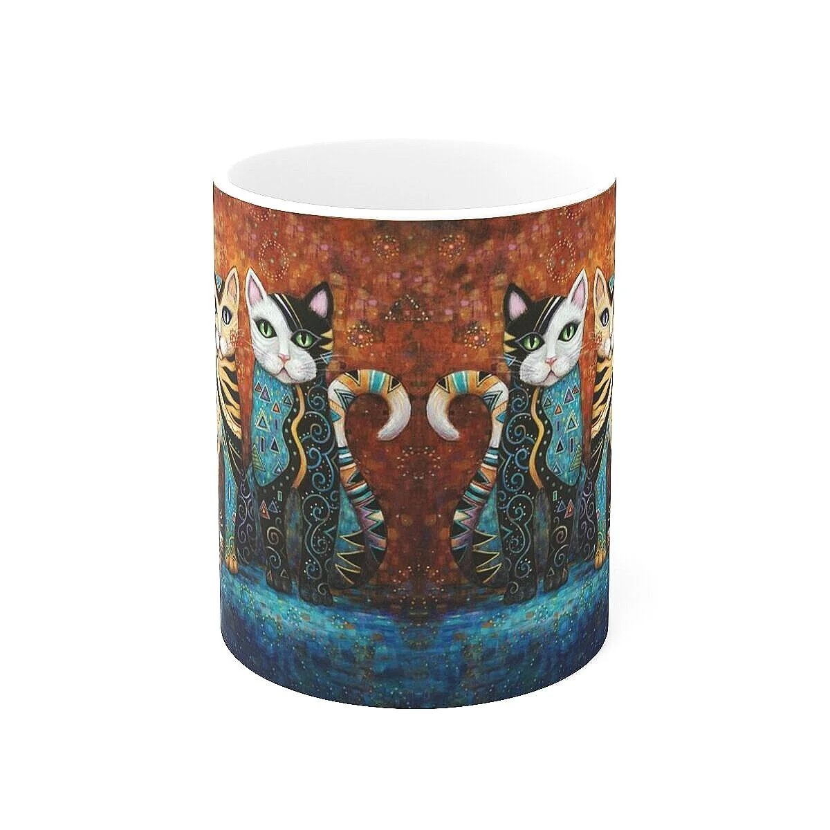 Decorative Klimt-style Kleo Kat Mug, three cats named Kleo Trio