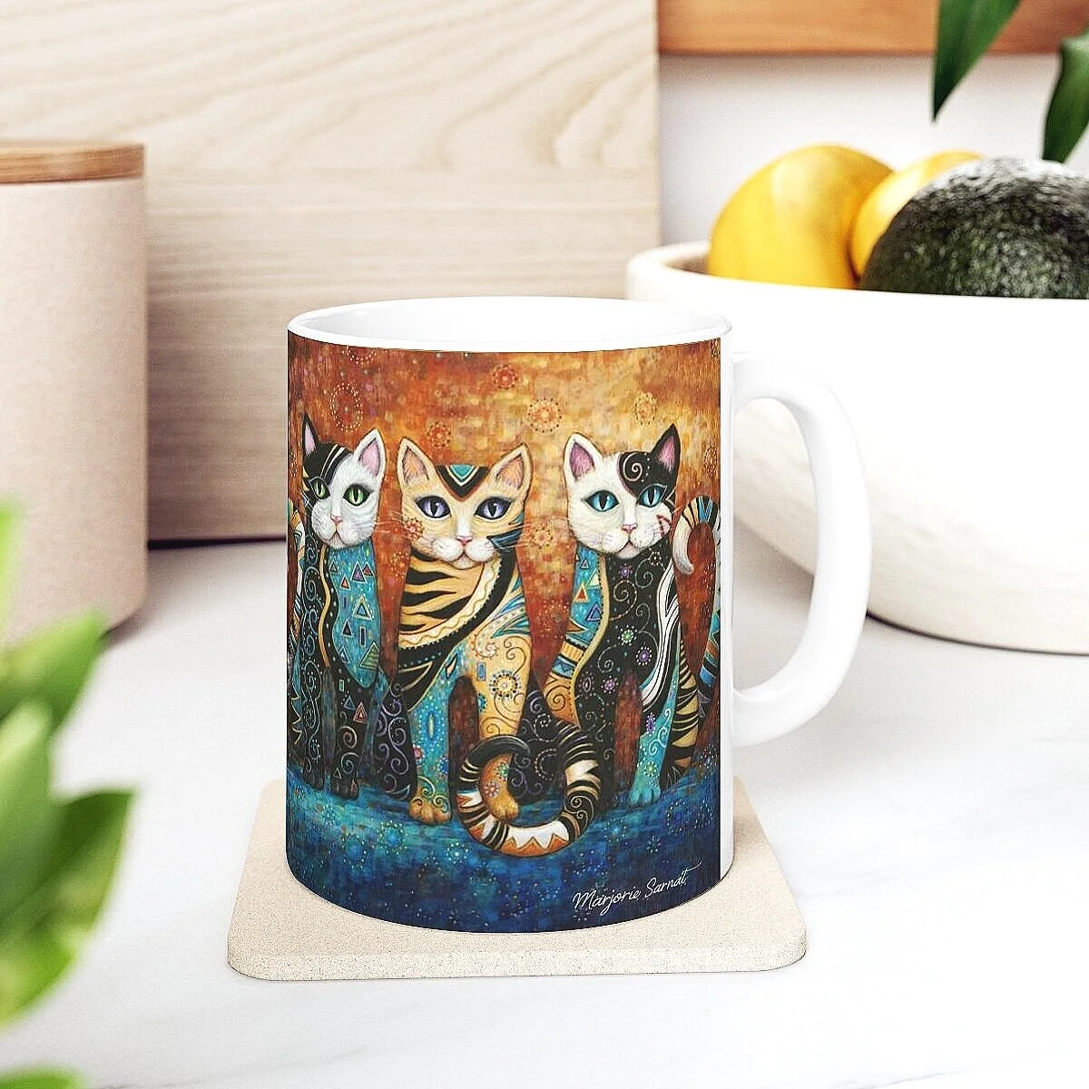 Decorative Klimt-style Kleo Kat Mug, three cats named Kleo Trio