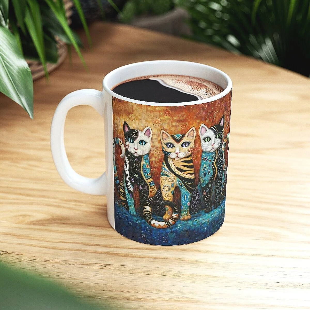Decorative Klimt-style Kleo Kat Mug, three cats named Kleo Trio