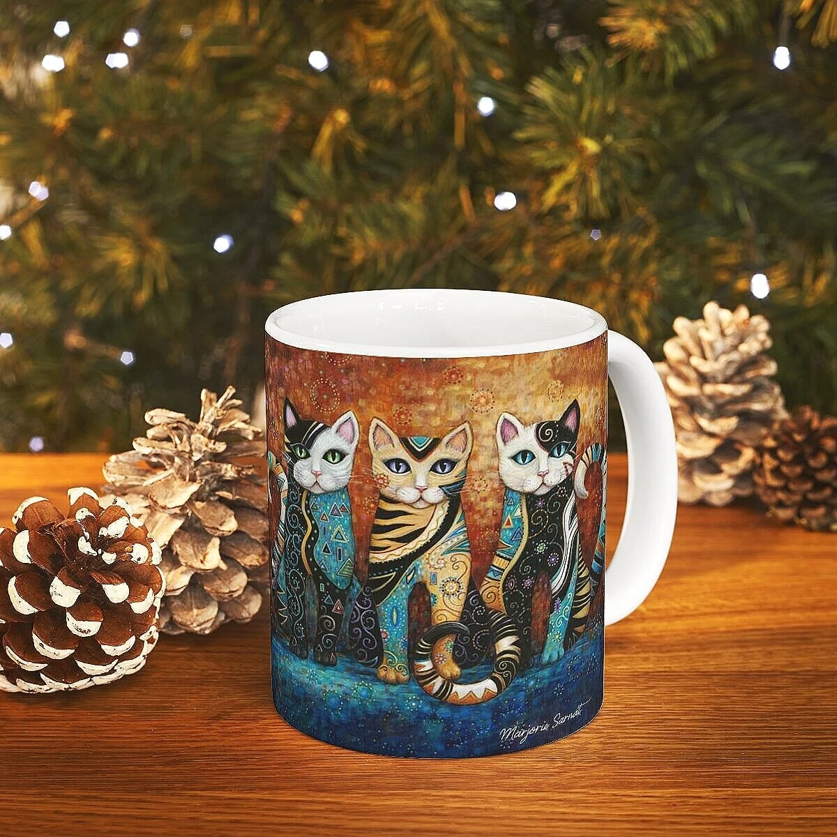 Decorative Klimt-style Kleo Kat Mug, three cats named Kleo Trio