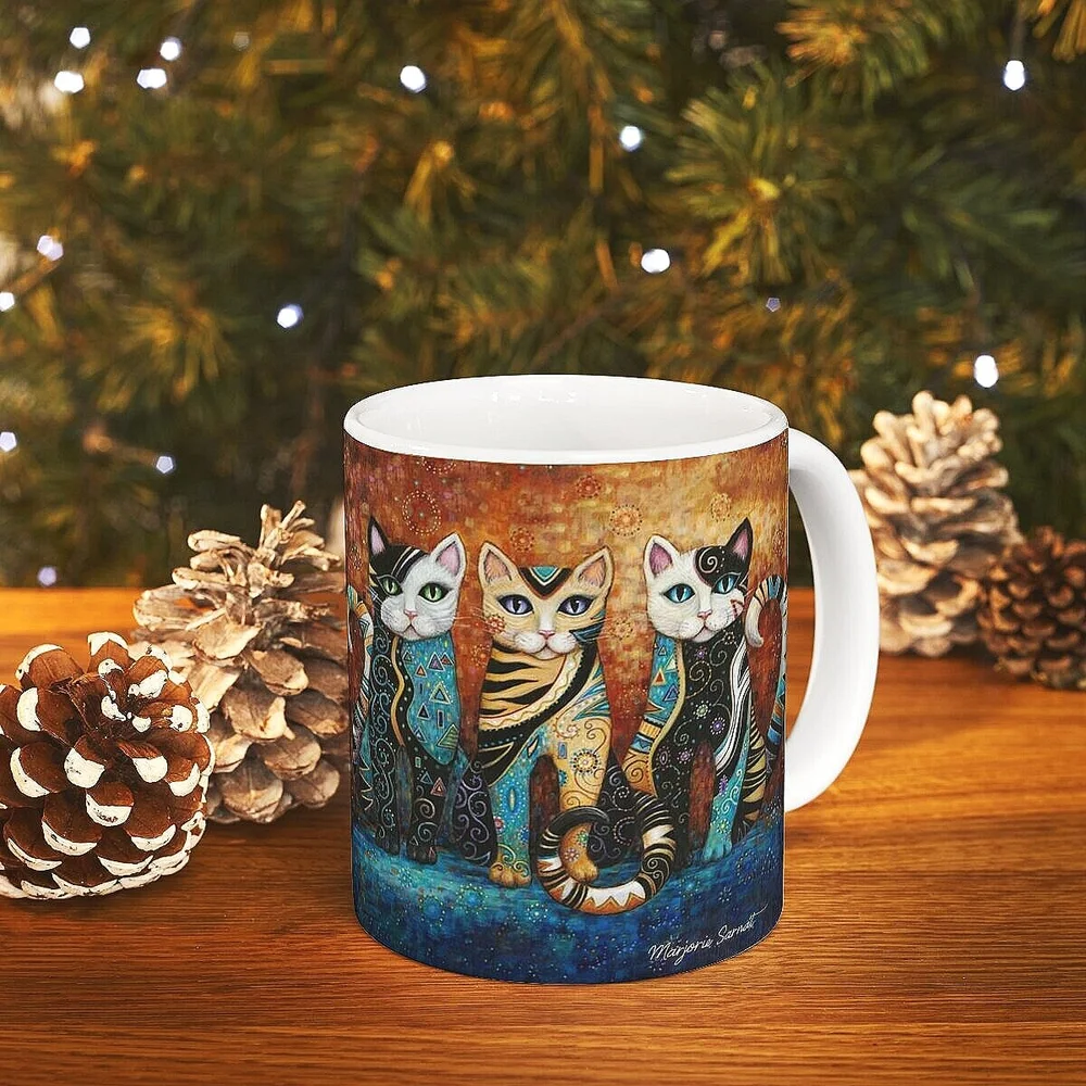 Kleo Kats, “Kleo Trio” Mug, 11oz, Klimt Style Cat Design by Artist