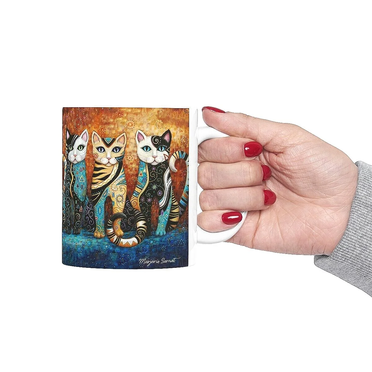 Decorative Klimt-style Kleo Kat Mug, three cats named Kleo Trio