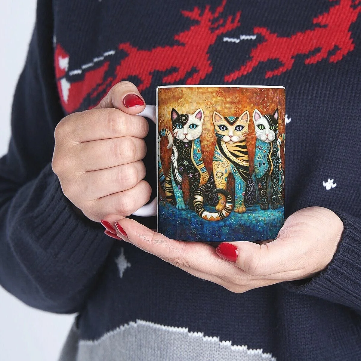 Decorative Klimt-style Kleo Kat Mug, three cats named Kleo Trio