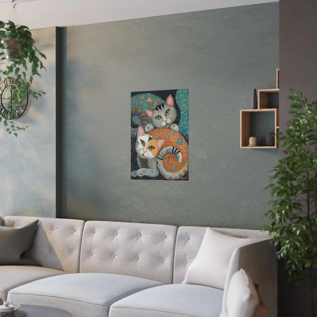 Poster on wall of two Klimt style cats