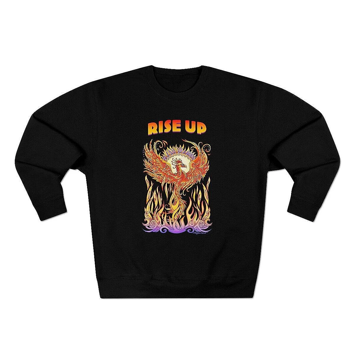 Black sweatshirt with wording Rise Up and artwork of phoenix rising from flames
