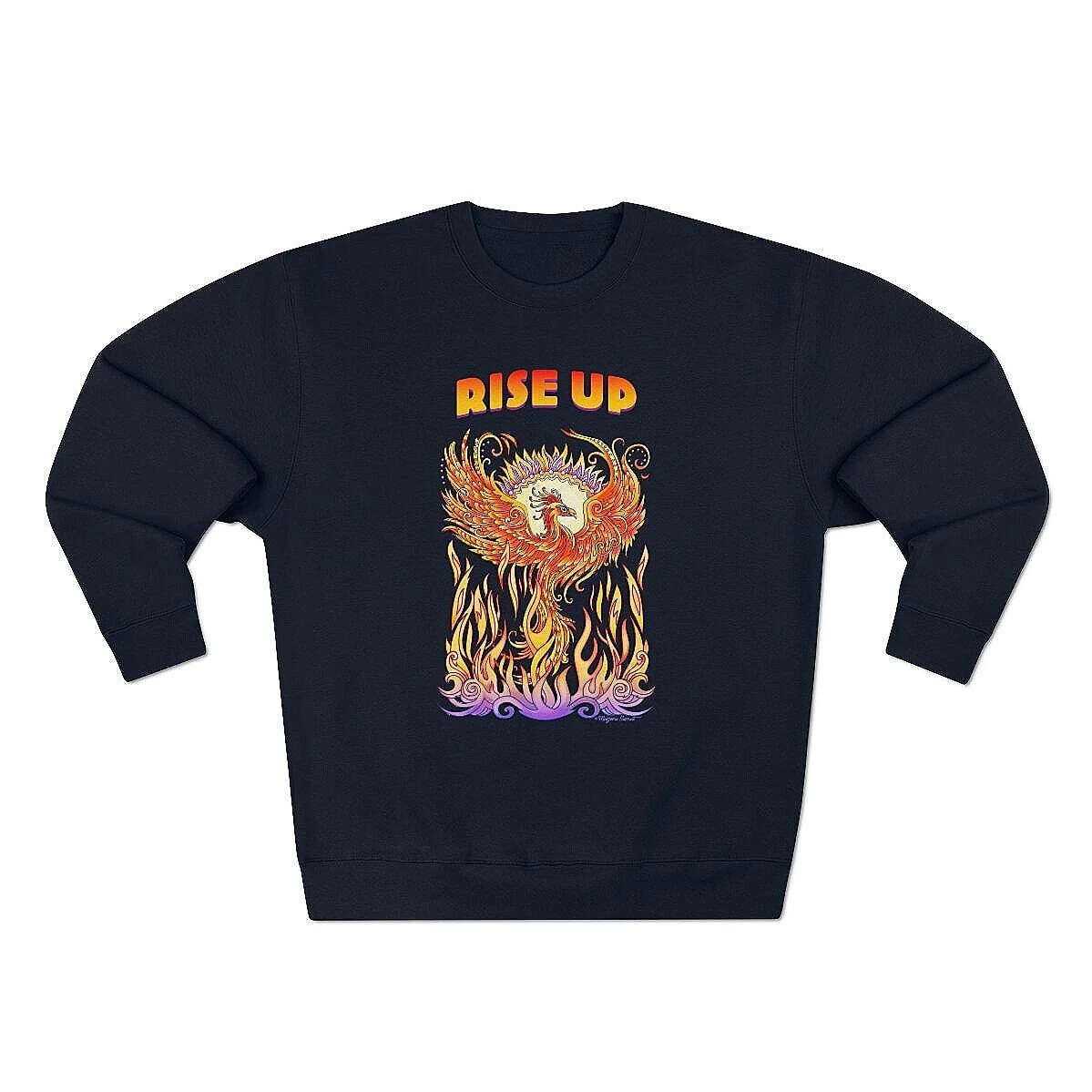 Navy sweatshirt with wording Rise Up and artwork of phoenix rising from flames