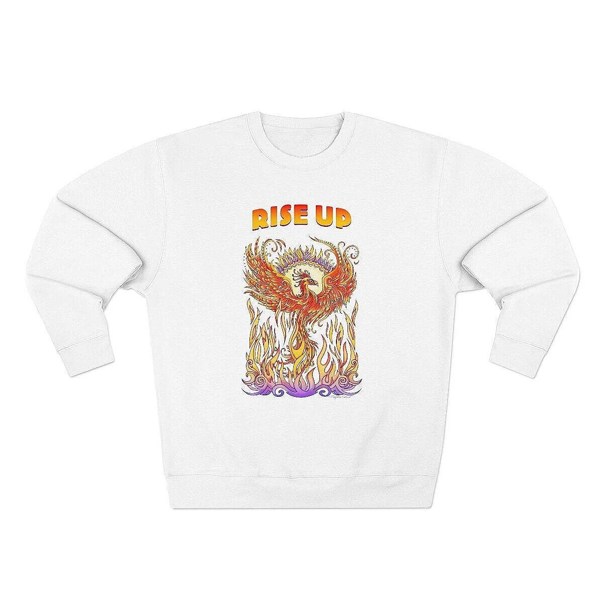 White sweatshirt with wording Rise Up and artwork of phoenix rising from flames