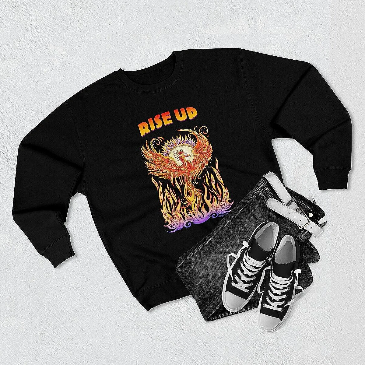 Black sweatshirt with wording Rise Up and artwork of phoenix rising from flames