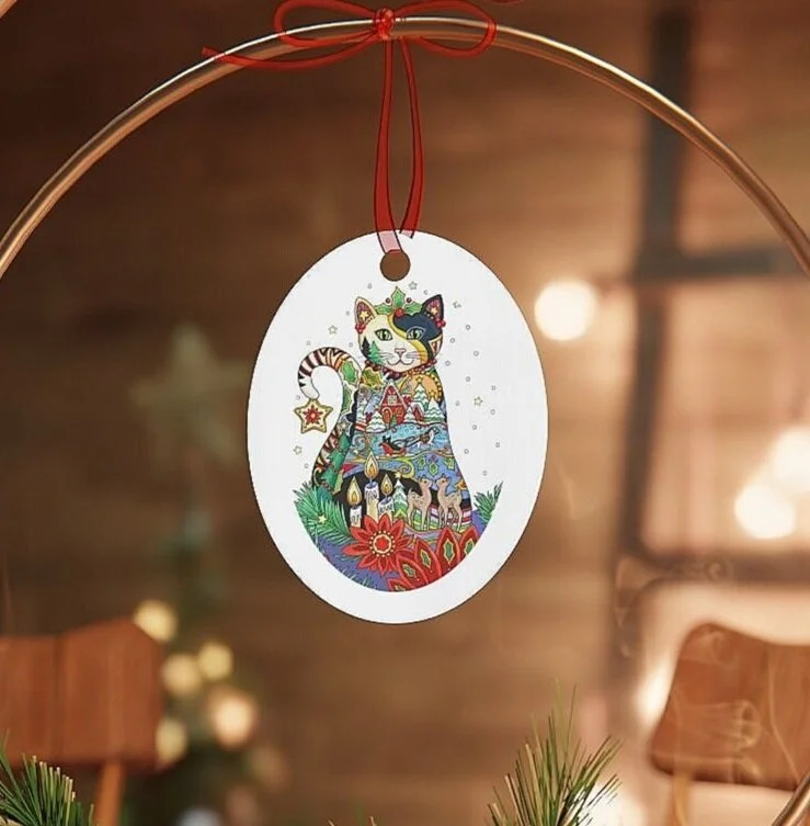 Ornament, oval shape, Christmas Cat on front side