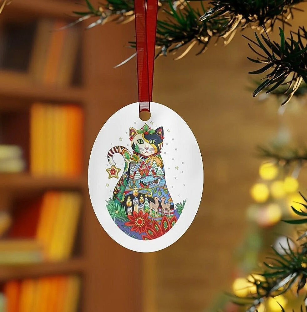 Ornament, oval shape, Christmas Cat on front side