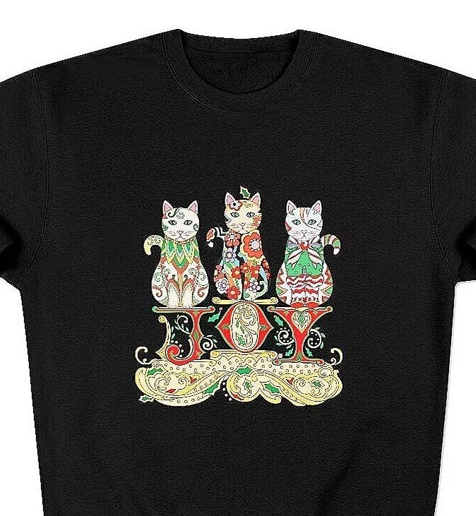 Black sweatshirt, JOY wording with three Christmas cats